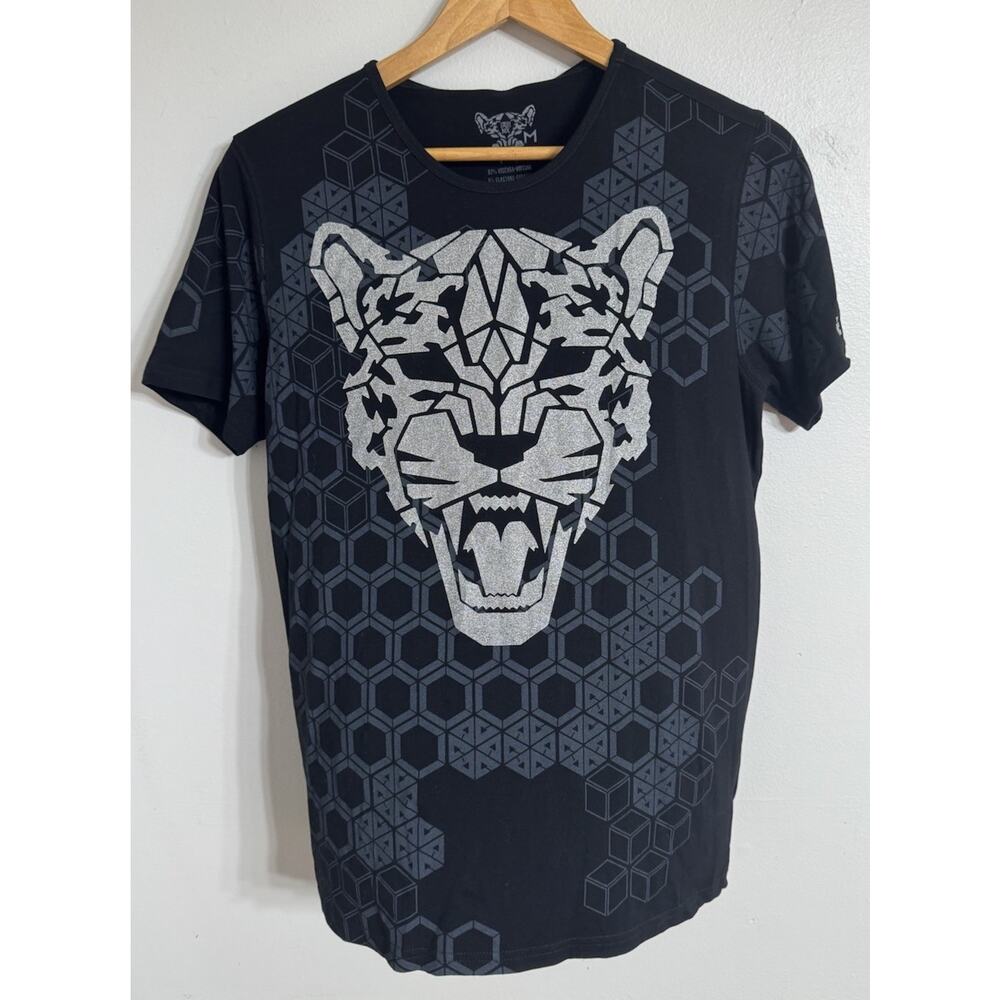 AY GUEY T-Shirt Mens Medium Black Balam Tiger Metallic Streetwear Stretch NEW